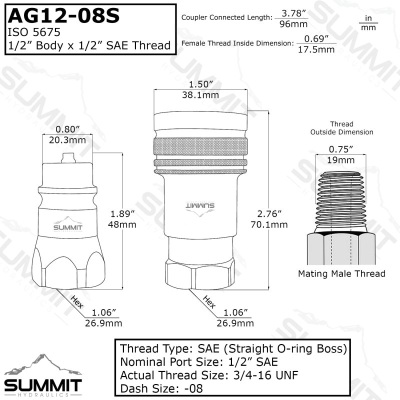 AG 1/2" Body 1/2" SAE Thread ISO 5675